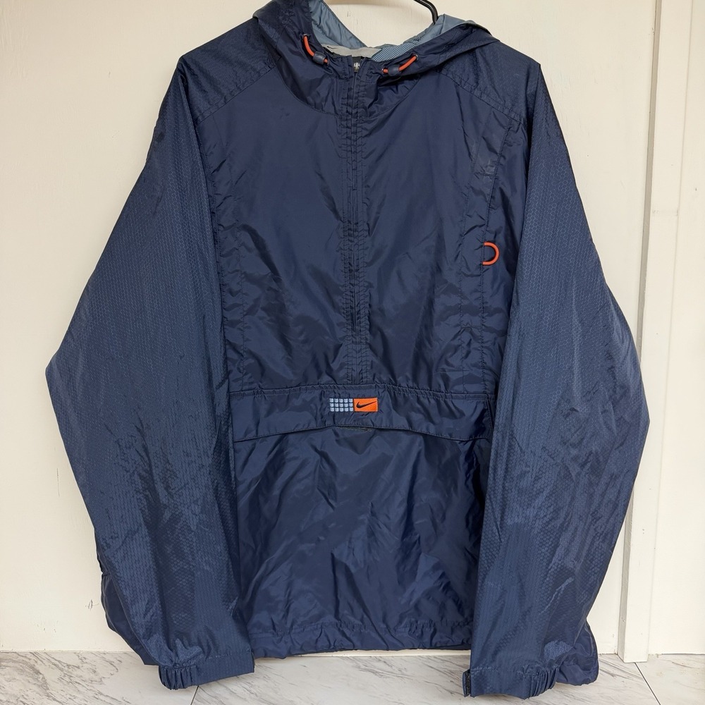 Vintage Nike Windbreaker Spellout 1/2 Zip Navy Blue Orange Silver Tag Vented XXL